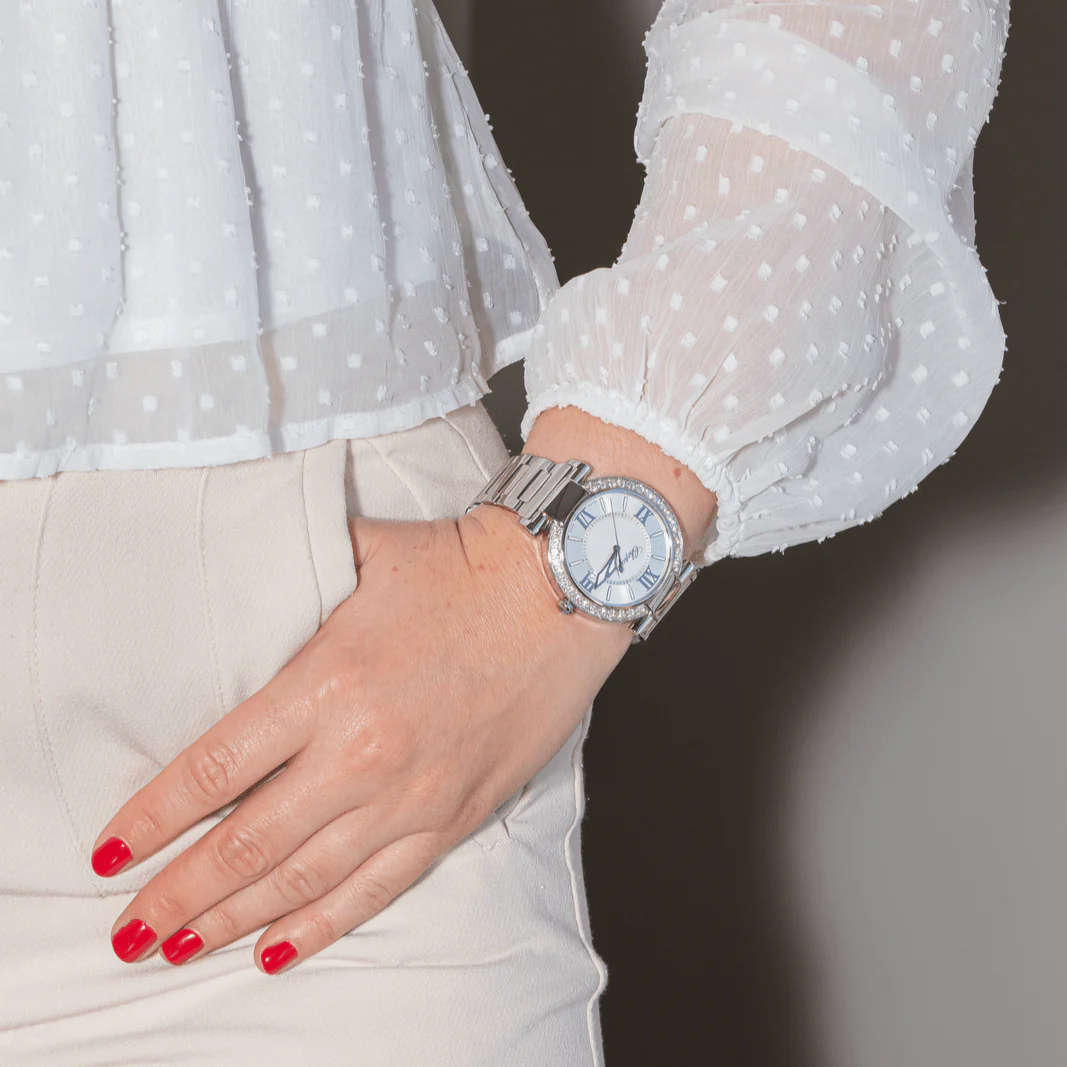 Reloj CHOPARD "Imperial" de acero, nácar, amatista, zafiro y diamantes - Imagen 2